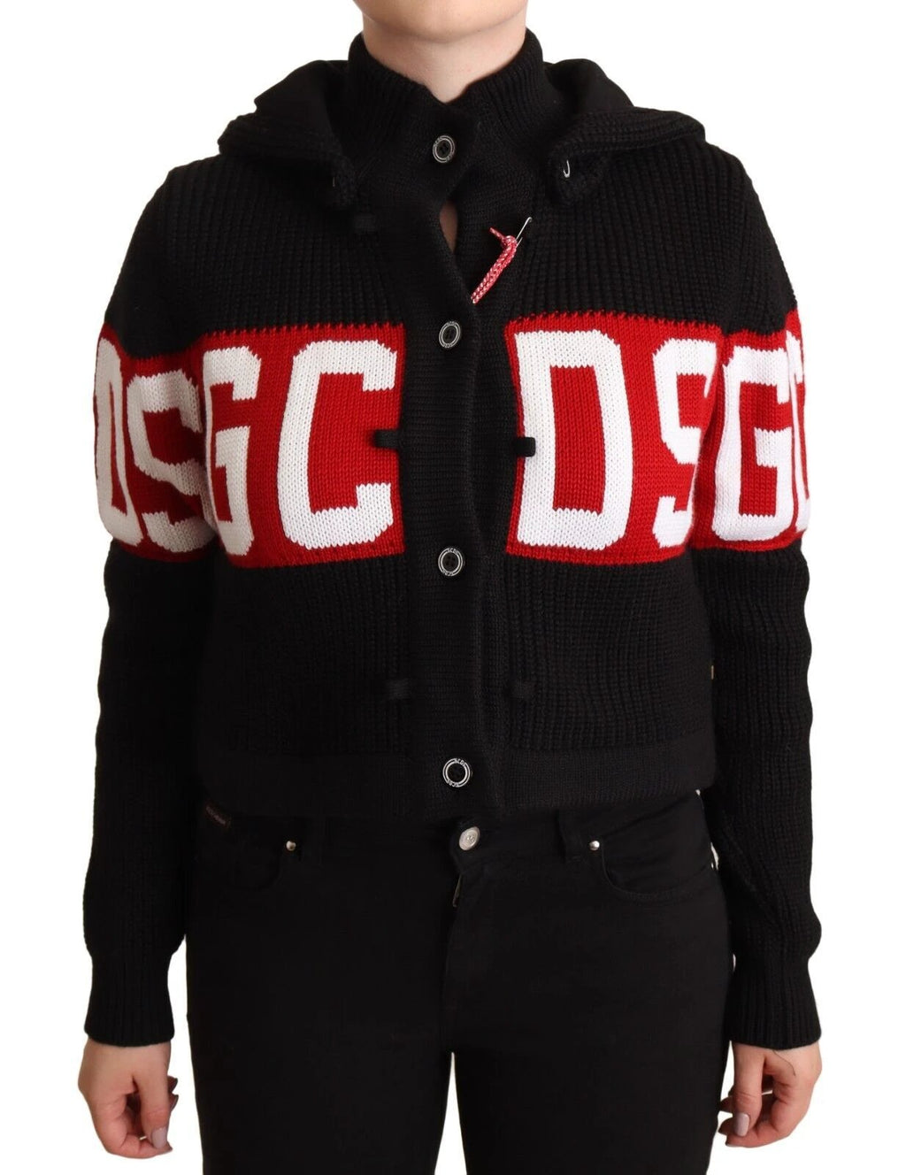 GCDS Black Cashmere Hooded Button Down Logo Cardigan Jacket by GCDS