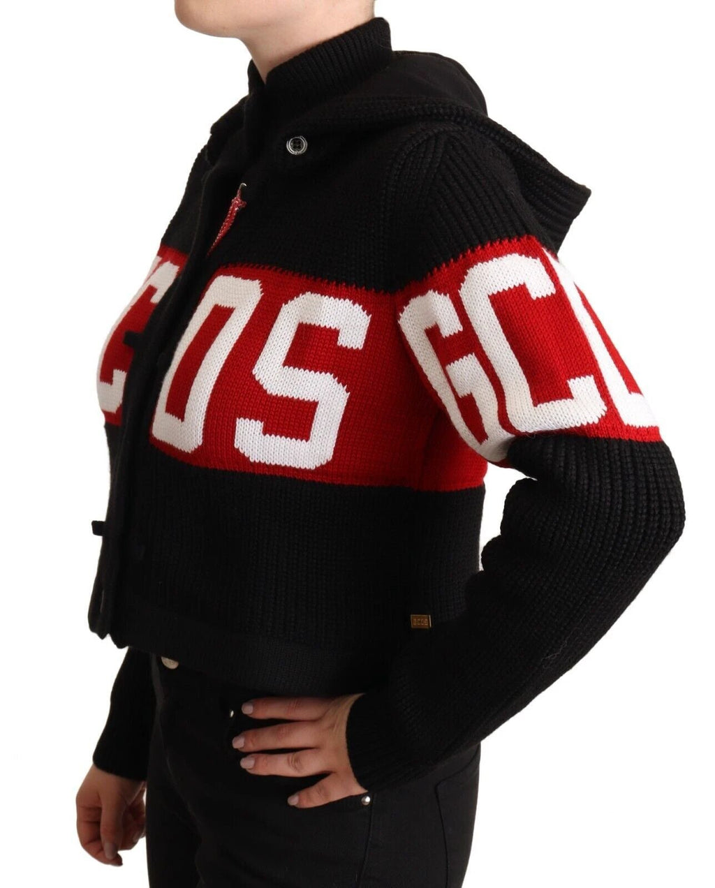GCDS Black Cashmere Hooded Button Down Logo Cardigan Jacket by GCDS
