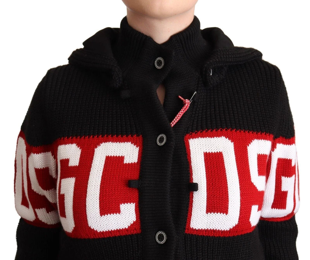 GCDS Black Cashmere Hooded Button Down Logo Cardigan Jacket by GCDS