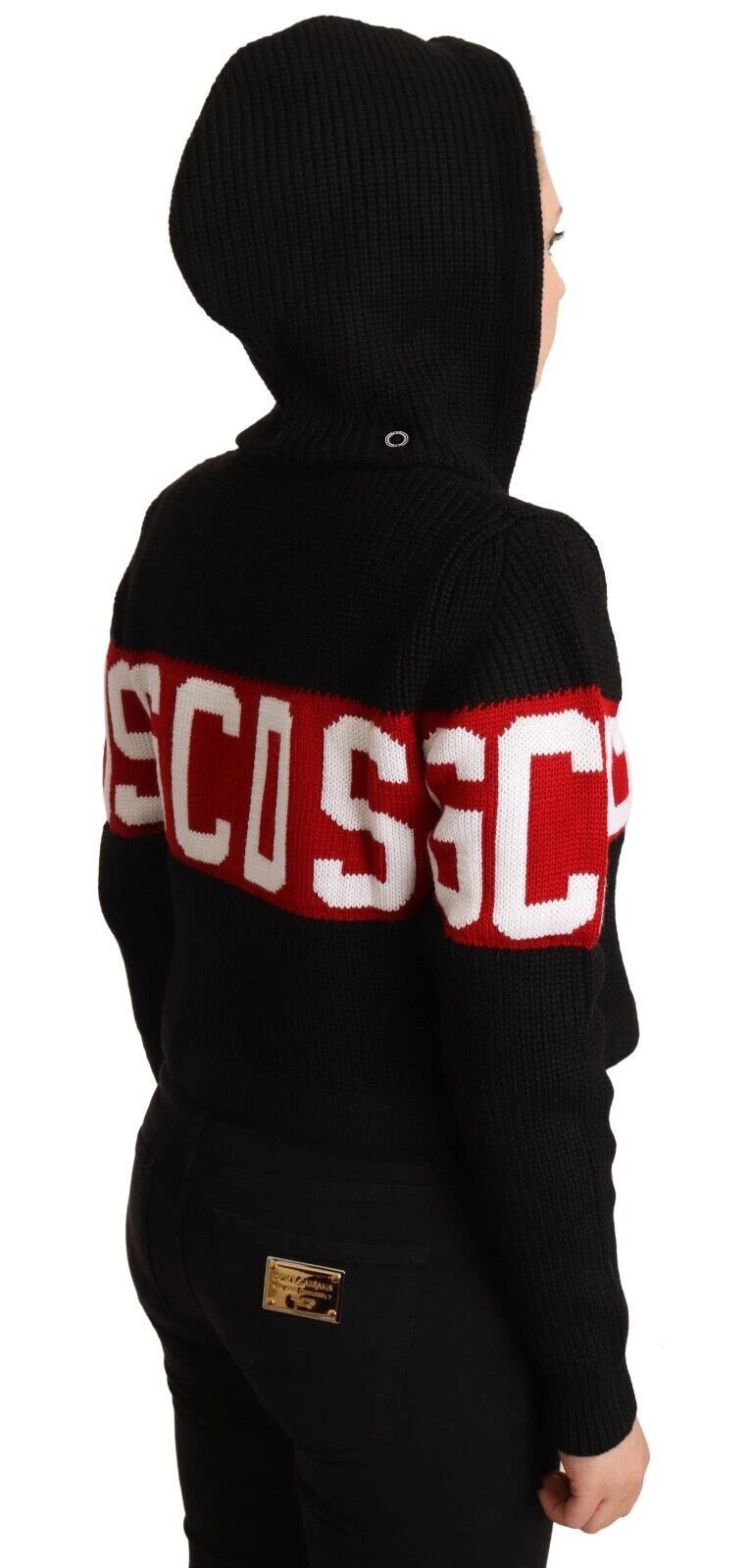 GCDS Black Cashmere Hooded Button Down Logo Cardigan Jacket by GCDS