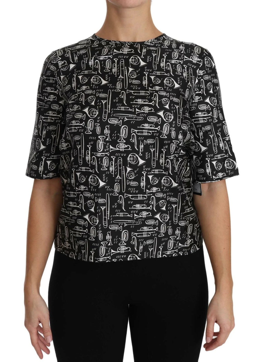 Dolce & Gabbana Black Musical Instruments Print Silk Blouse by Dolce & Gabbana