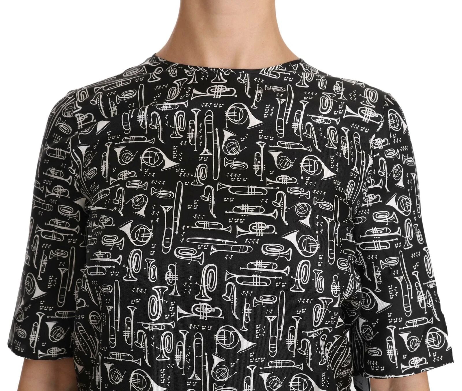 Dolce & Gabbana Black Musical Instruments Print Silk Blouse by Dolce & Gabbana