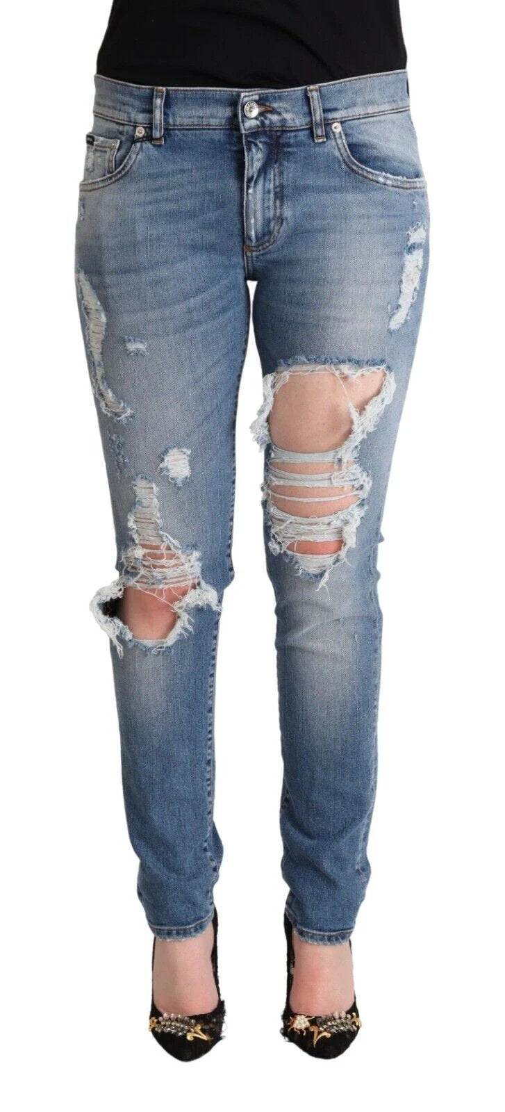 Dolce & Gabbana Blue Distressed Cotton Denim Skinny Jeans by Dolce & Gabbana