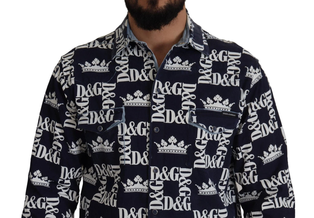 Dolce & Gabbana Blue Denim Stretch DG Crown Logo Casual Shirt by Dolce & Gabbana