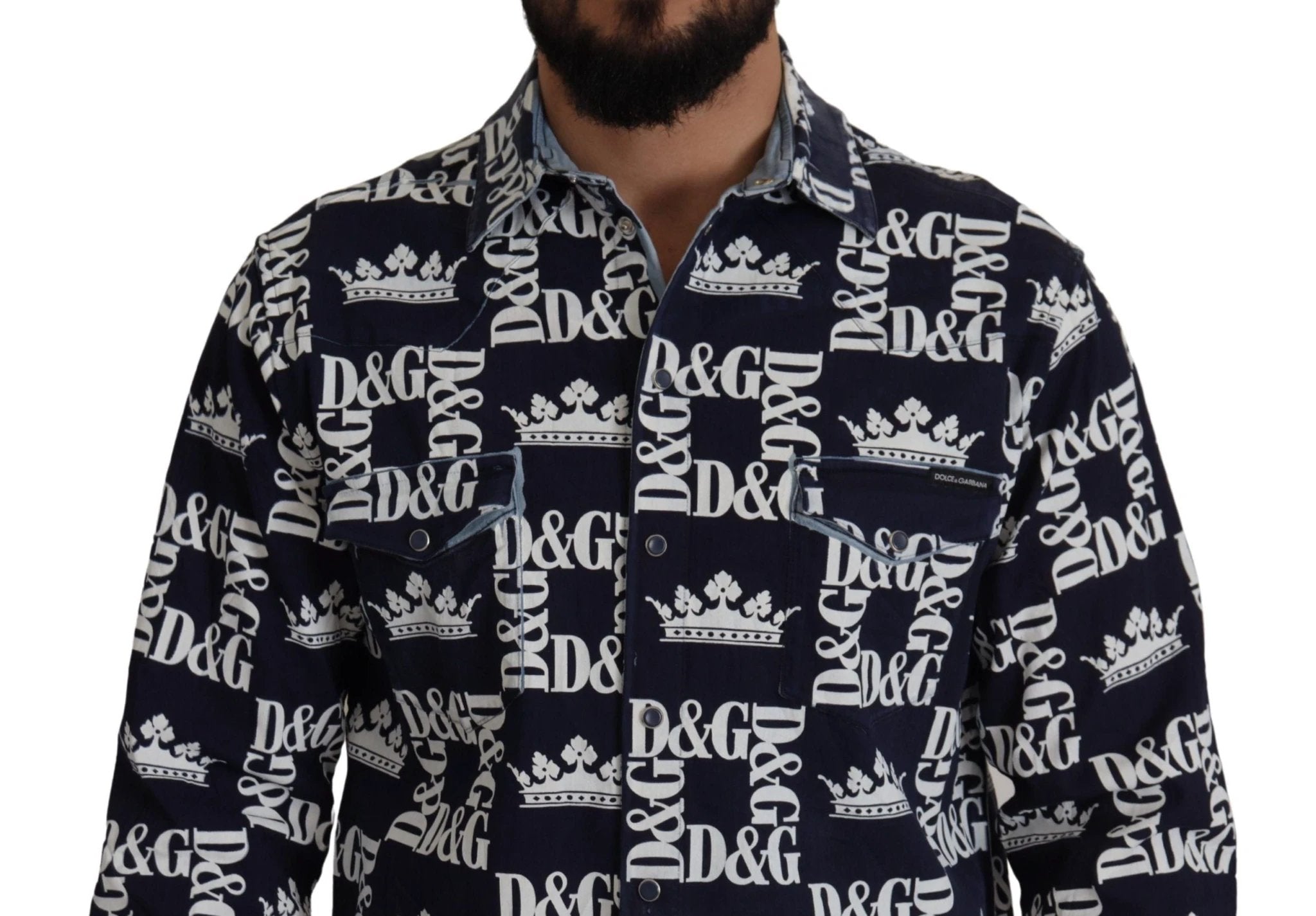 Dolce & Gabbana Blue Denim Stretch DG Crown Logo Casual Shirt by Dolce & Gabbana