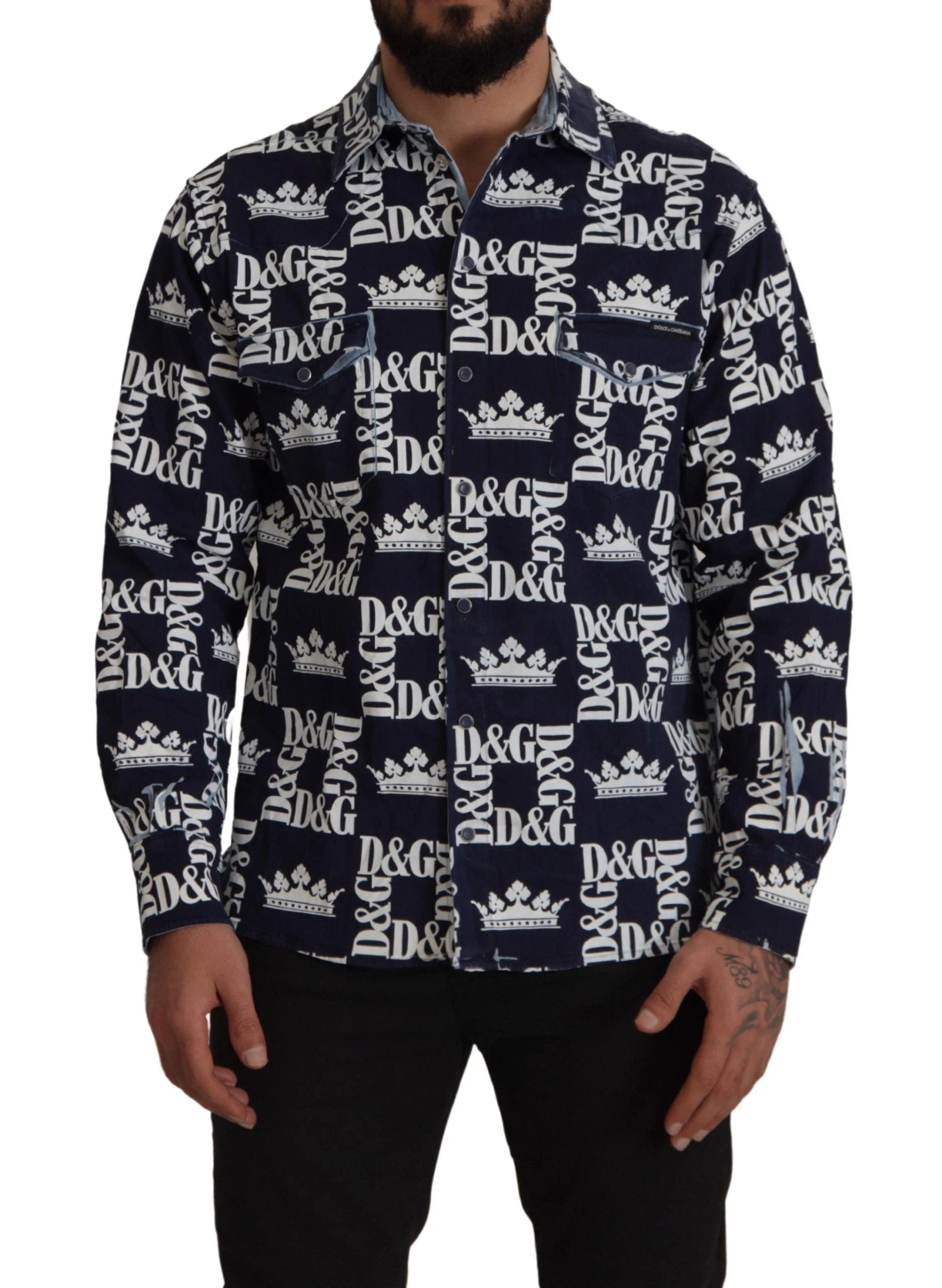 Dolce & Gabbana Blue Denim Stretch DG Crown Logo Casual Shirt by Dolce & Gabbana