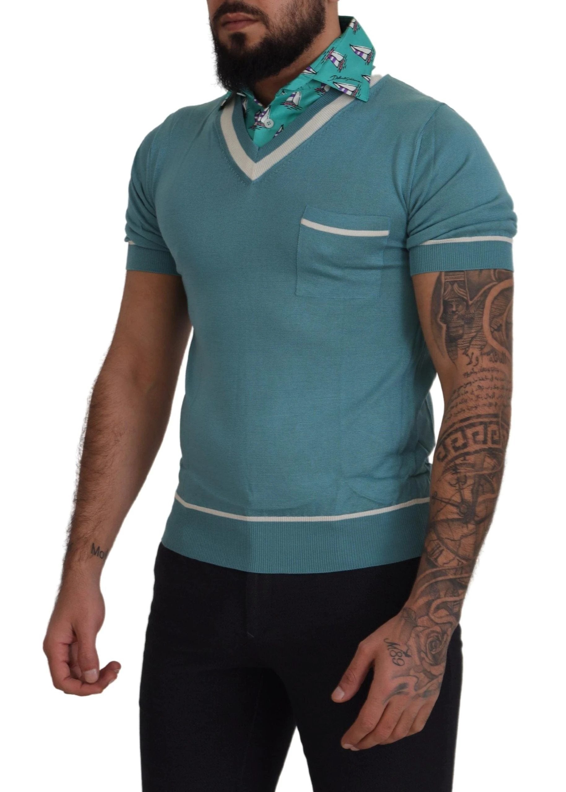 Dolce & Gabbana Blue Silk Polo Top Mens V-neck T-shirt by Dolce & Gabbana