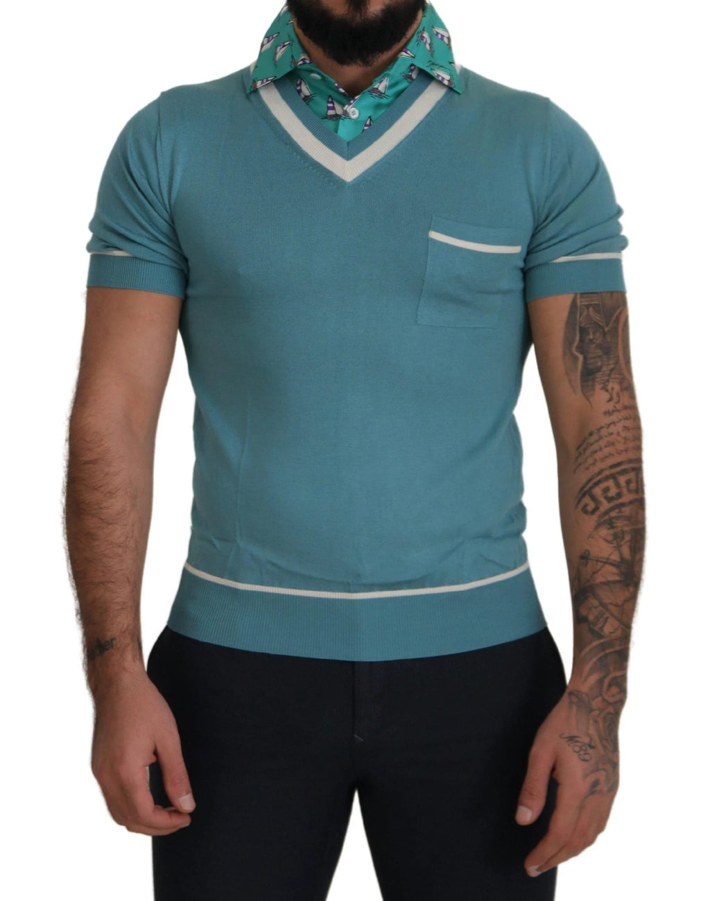 Dolce & Gabbana Blue Silk Polo Top Mens V-neck T-shirt by Dolce & Gabbana