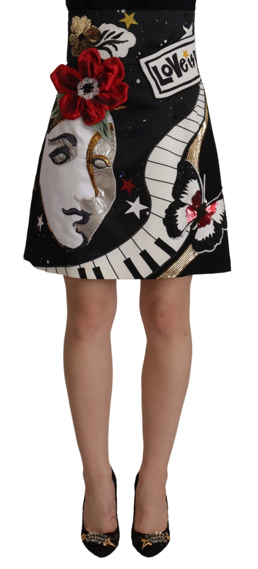 Dolce & Gabbana Black Love Clock Sequined Piano Skirt by Dolce & Gabbana