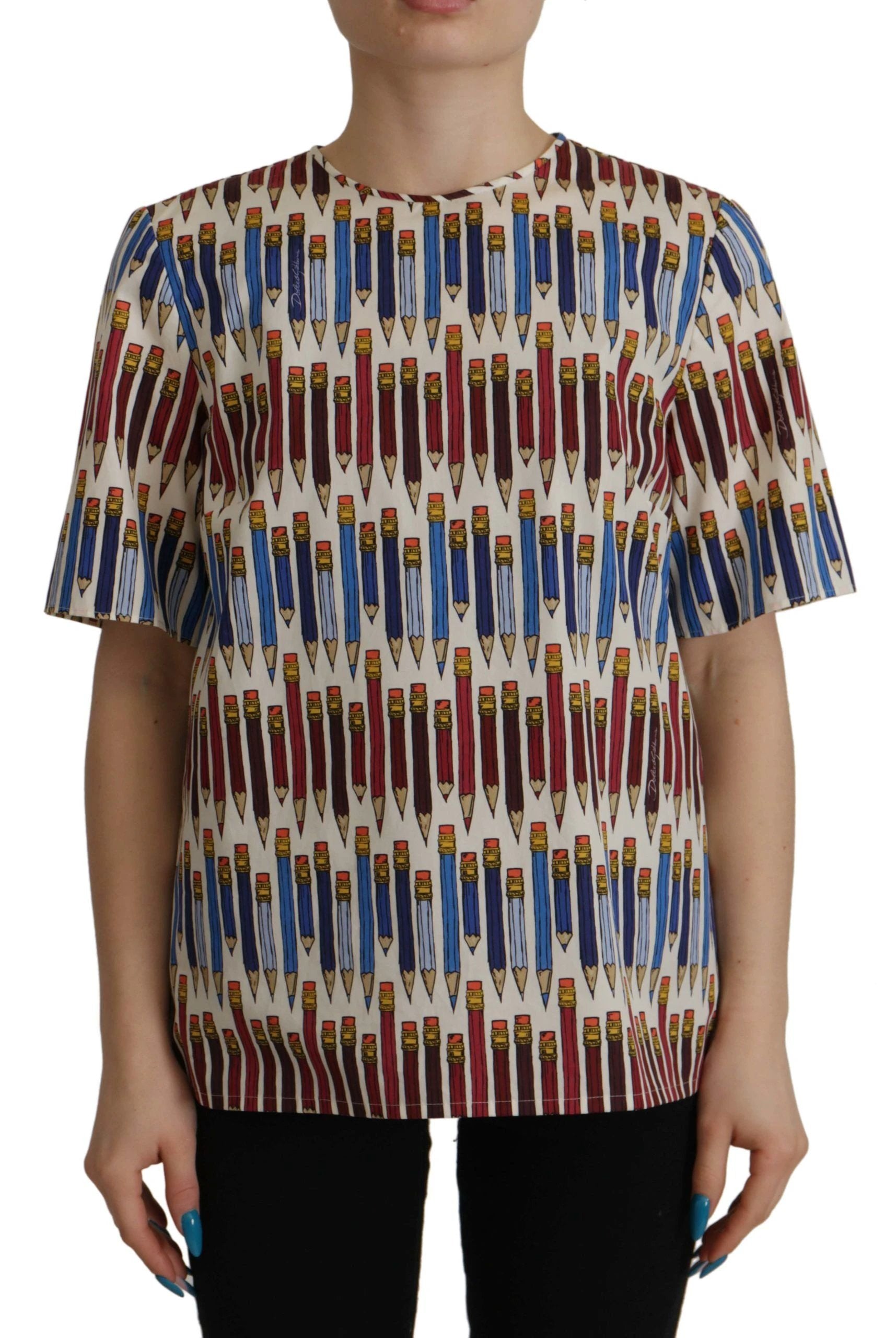 Dolce & Gabbana White Pencil Print Cotton T-shirt Blouse by Dolce & Gabbana