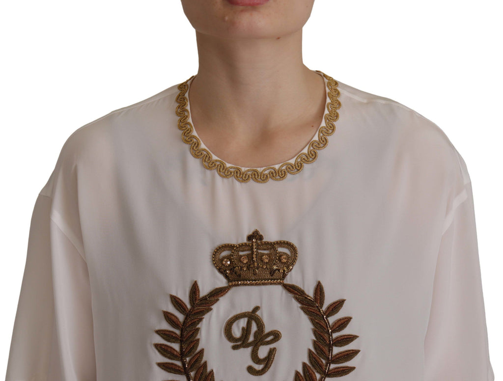 Dolce & Gabbana White Silk Gold DG Crown Crystal Blouse Top by Dolce & Gabbana