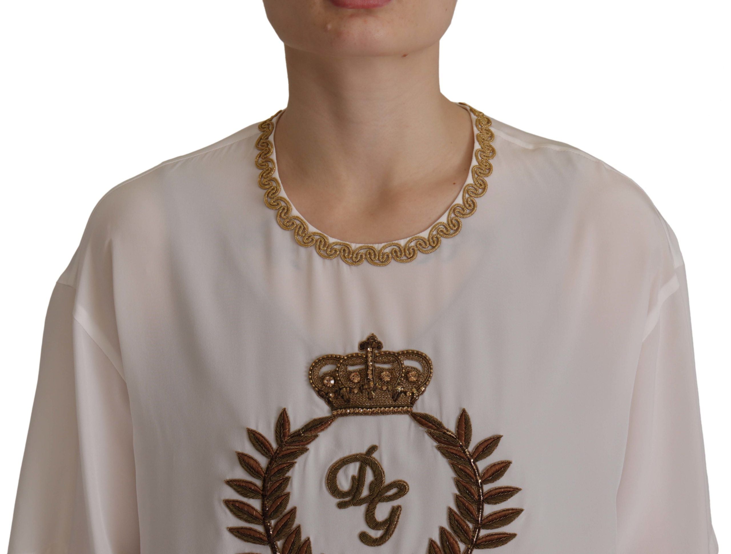 Dolce & Gabbana White Silk Gold DG Crown Crystal Blouse Top by Dolce & Gabbana