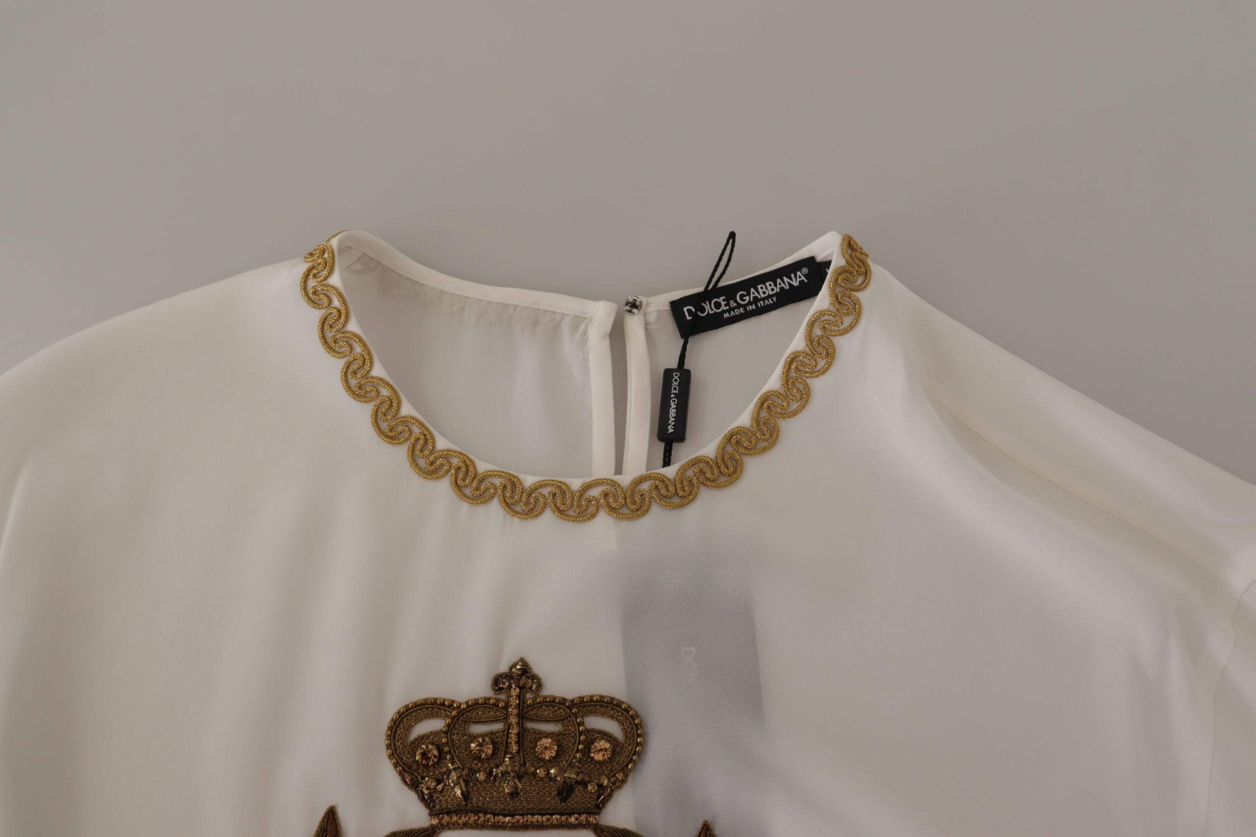 Dolce & Gabbana White Silk Gold DG Crown Crystal Blouse Top by Dolce & Gabbana