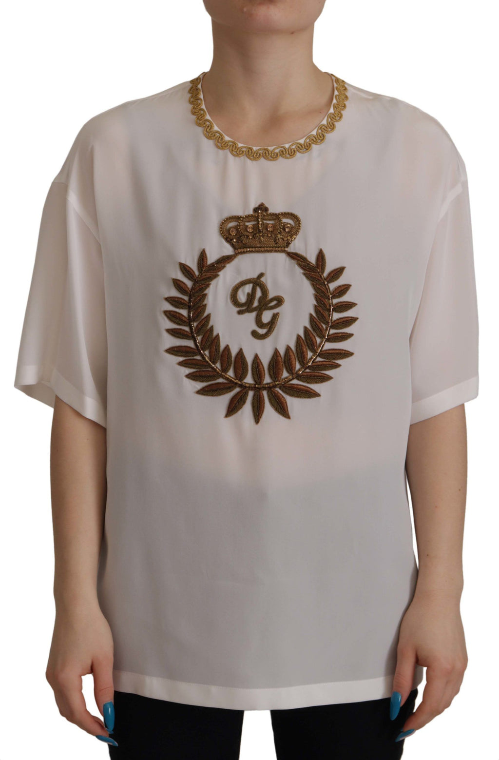 Dolce & Gabbana White Silk Gold DG Crown Crystal Blouse Top by Dolce & Gabbana
