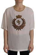 Dolce & Gabbana White Silk Gold DG Crown Crystal Blouse Top by Dolce & Gabbana