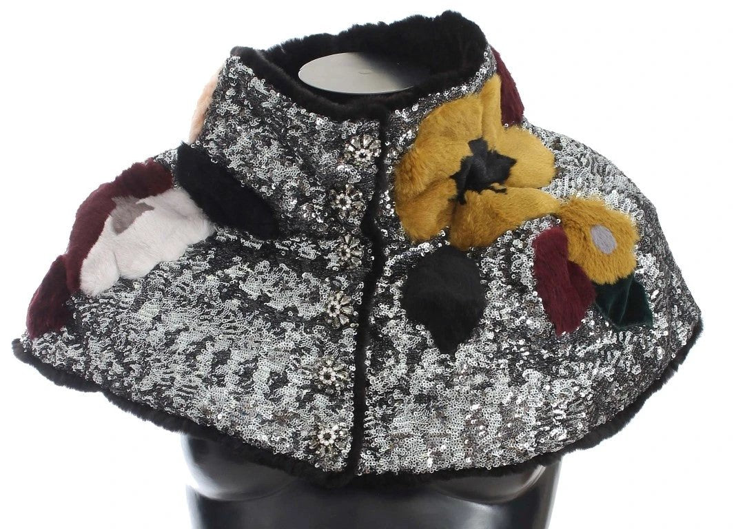 Dolce & Gabbana Silver Sequined Floral Weasel Fur Shoulder Scarf Wrap by Dolce & Gabbana