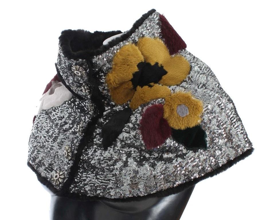 Dolce & Gabbana Silver Sequined Floral Weasel Fur Shoulder Scarf Wrap by Dolce & Gabbana