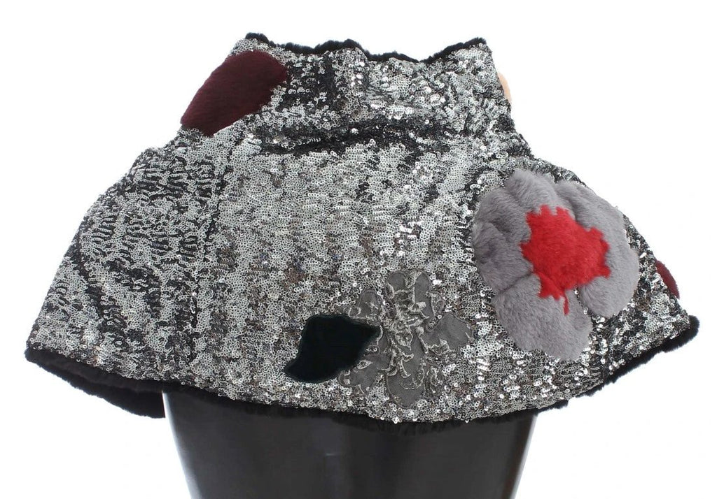 Dolce & Gabbana Silver Sequined Floral Weasel Fur Shoulder Scarf Wrap by Dolce & Gabbana