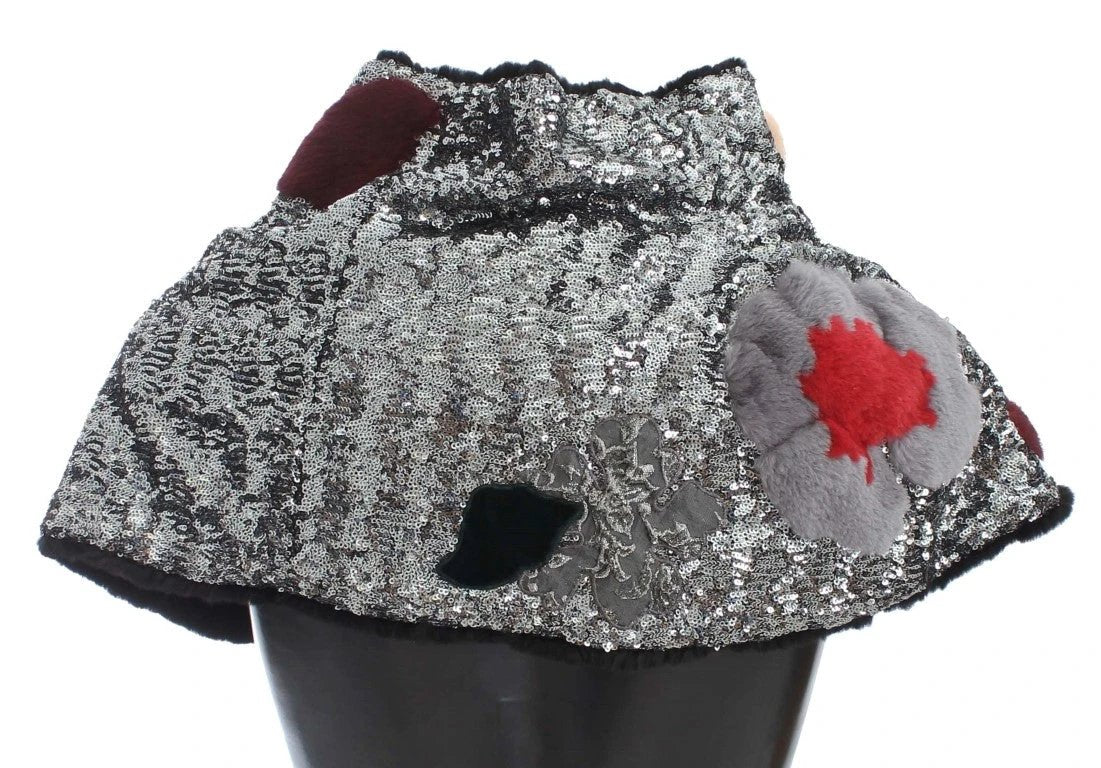 Dolce & Gabbana Silver Sequined Floral Weasel Fur Shoulder Scarf Wrap by Dolce & Gabbana