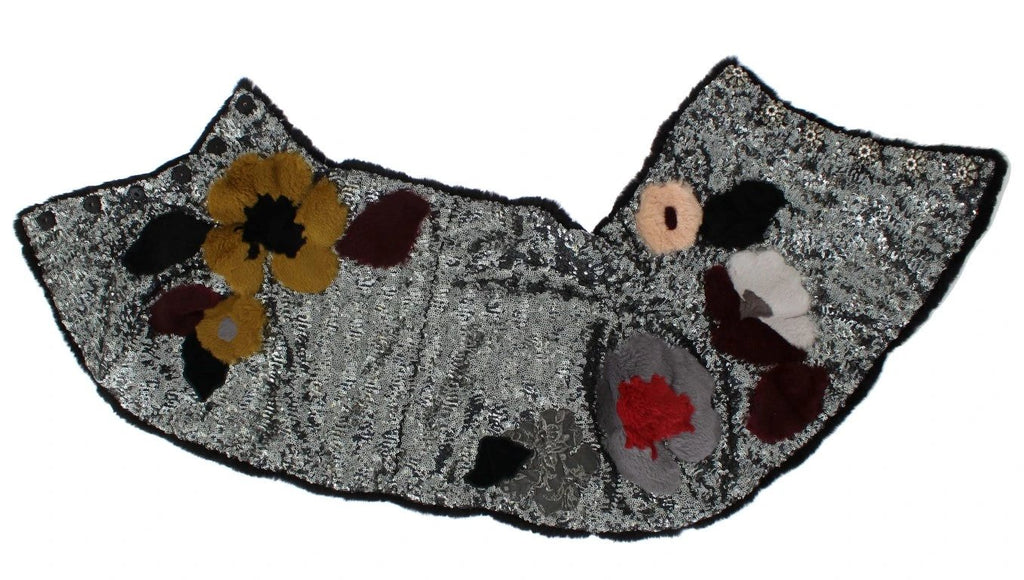Dolce & Gabbana Silver Sequined Floral Weasel Fur Shoulder Scarf Wrap by Dolce & Gabbana