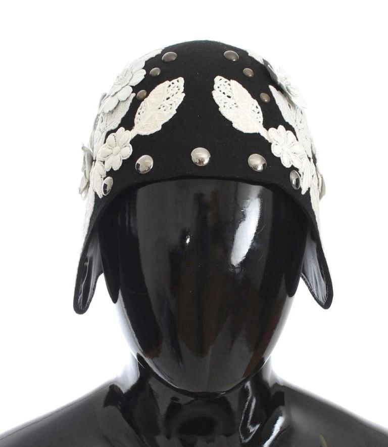 Dolce & Gabbana Black Wool White Floral Gold Leaf Hat by Dolce & Gabbana