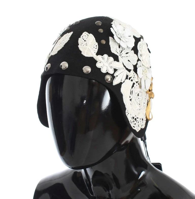 Dolce & Gabbana Black Wool White Floral Gold Leaf Hat by Dolce & Gabbana