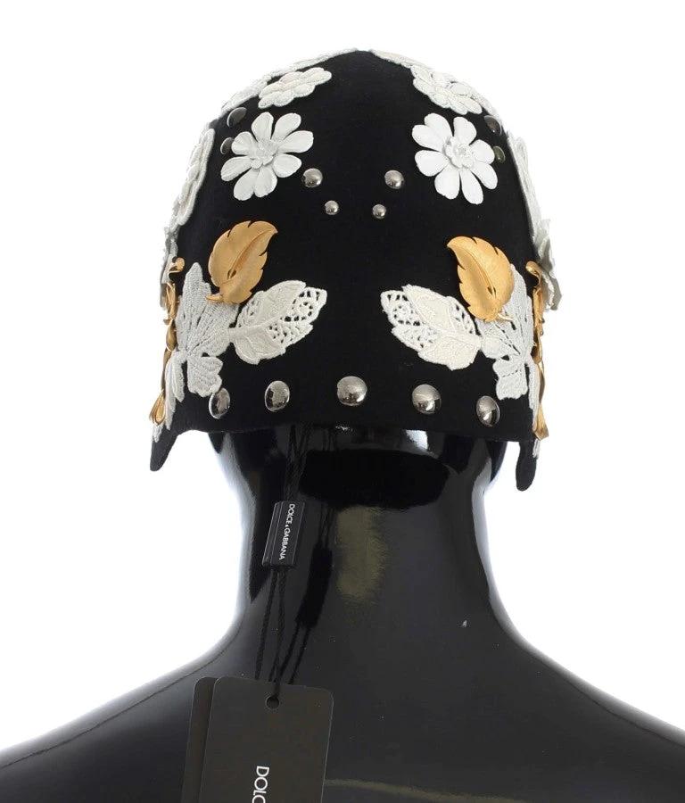 Dolce & Gabbana Black Wool White Floral Gold Leaf Hat by Dolce & Gabbana