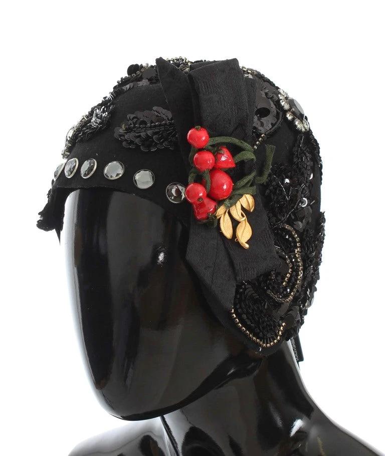 Dolce & Gabbana Black Crystal Gold Cherries Brooch Hat by Dolce & Gabbana