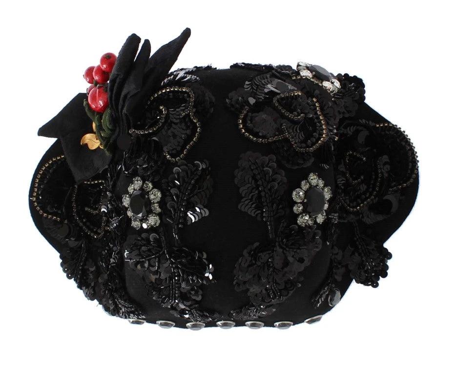 Dolce & Gabbana Black Crystal Gold Cherries Brooch Hat by Dolce & Gabbana