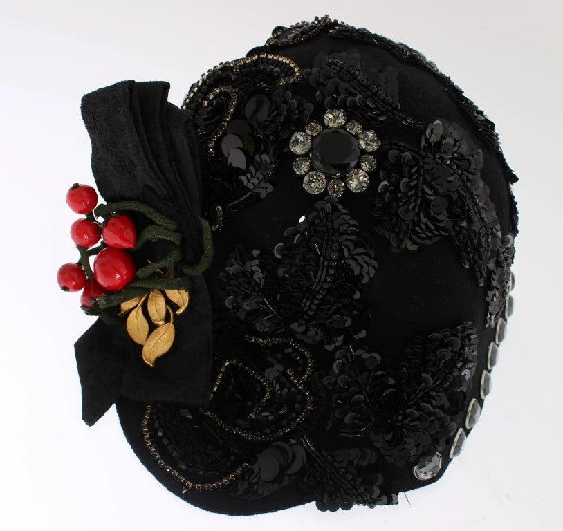 Dolce & Gabbana Black Crystal Gold Cherries Brooch Hat by Dolce & Gabbana