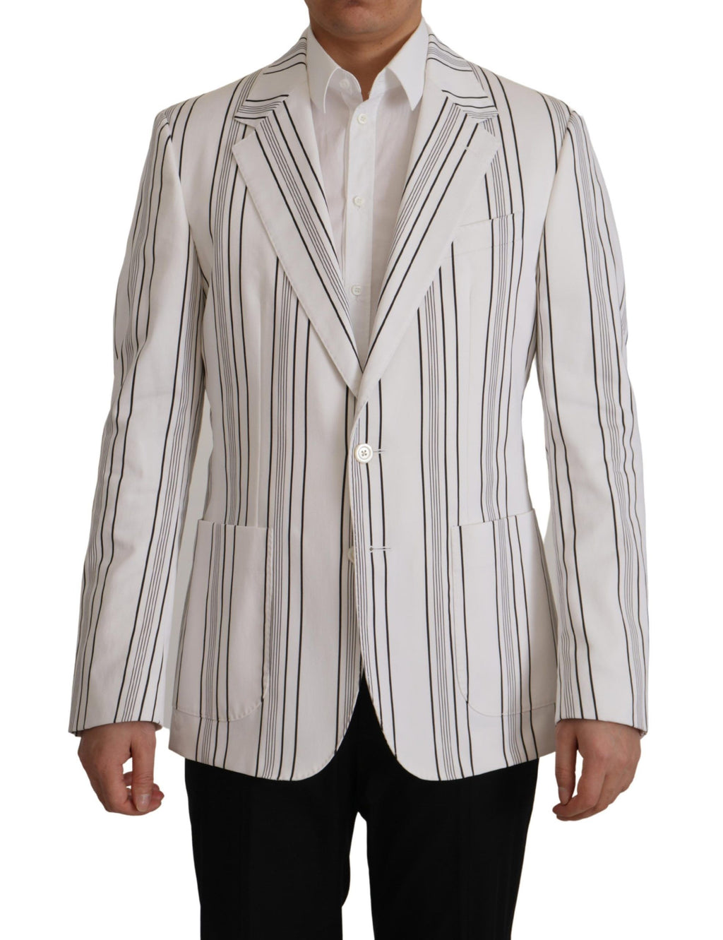 Dolce & Gabbana White Stripes Cotton Single Breasted Blazer by Dolce & Gabbana