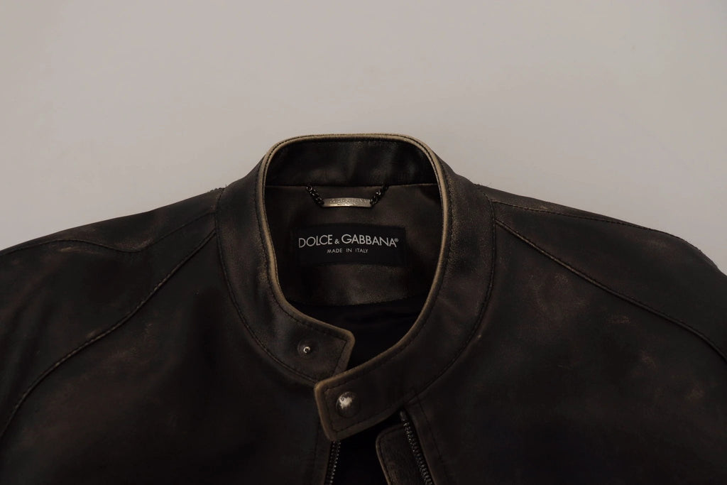Dolce & Gabbana Black Leather Zipper Biker Coat Jacket by Dolce & Gabbana