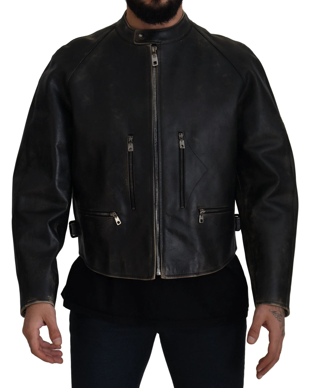 Dolce & Gabbana Black Leather Zipper Biker Coat Jacket by Dolce & Gabbana