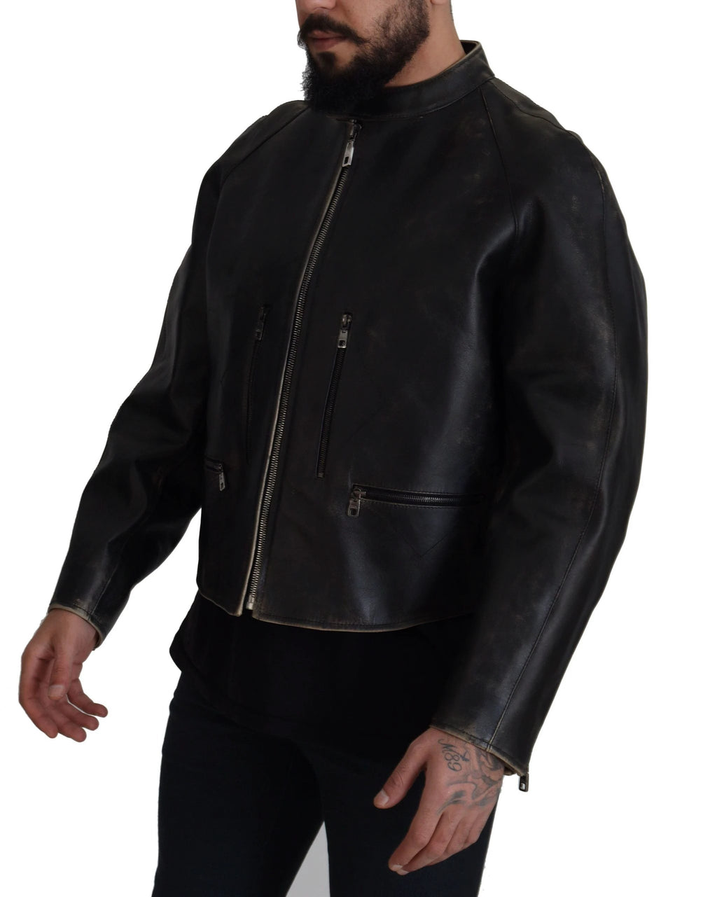 Dolce & Gabbana Black Leather Zipper Biker Coat Jacket by Dolce & Gabbana