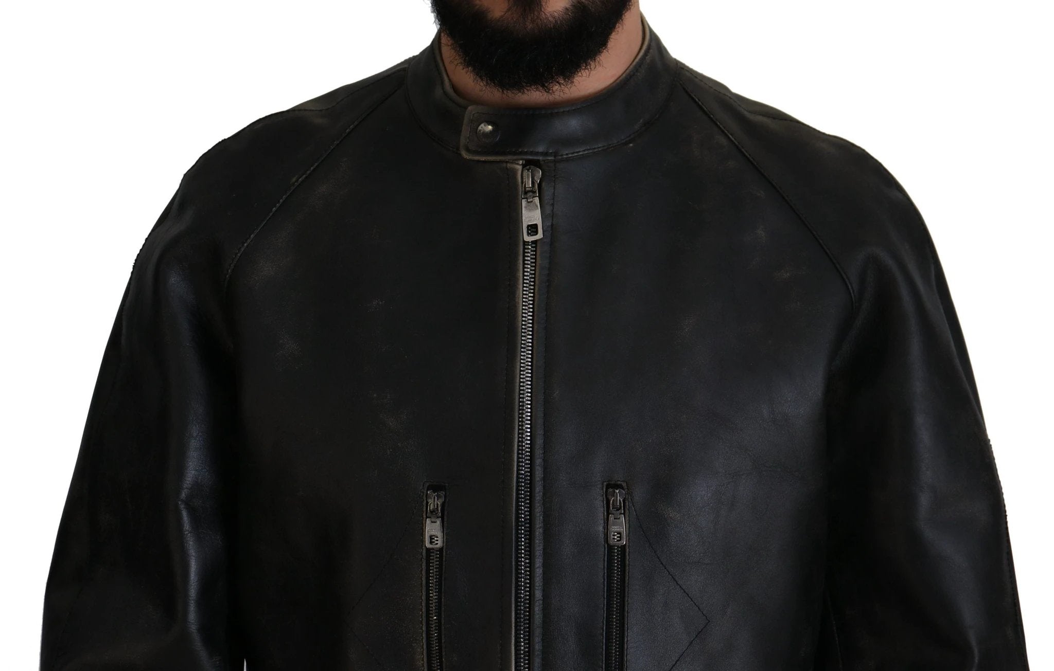 Dolce & Gabbana Black Leather Zipper Biker Coat Jacket by Dolce & Gabbana