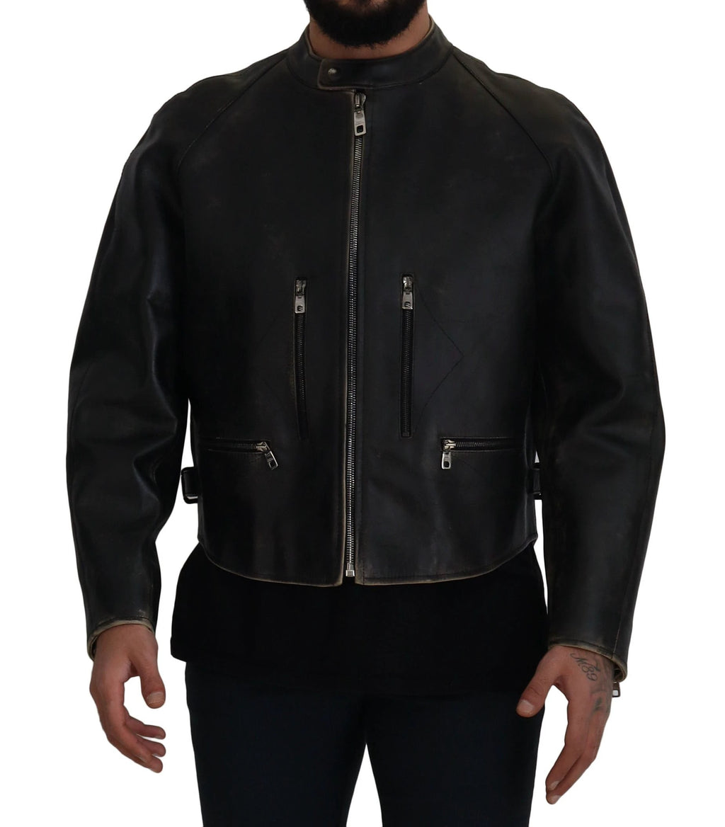 Dolce & Gabbana Black Leather Zipper Biker Coat Jacket by Dolce & Gabbana