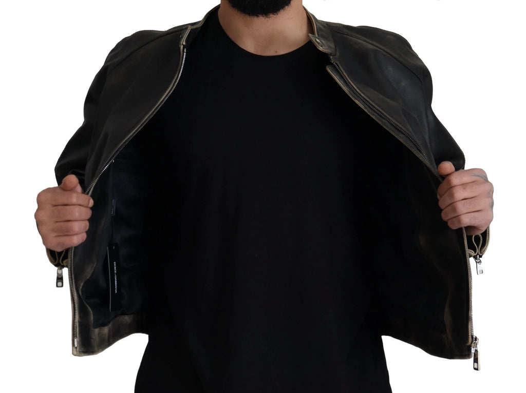 Dolce & Gabbana Black Leather Zipper Biker Coat Jacket by Dolce & Gabbana