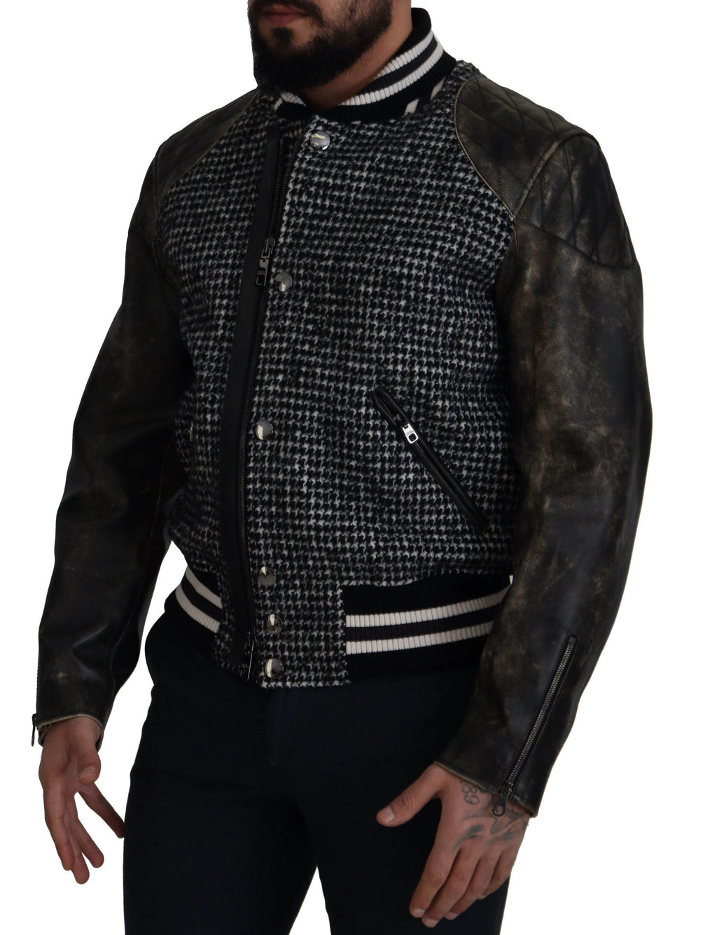 Dolce & Gabbana Black Houndstooth Polyester Bomber Jacket by Dolce & Gabbana
