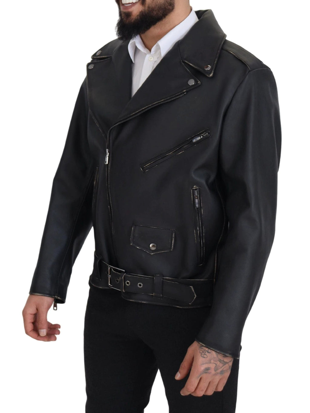 Dolce & Gabbana Black Leather Biker Coat Zipper Jacket by Dolce & Gabbana