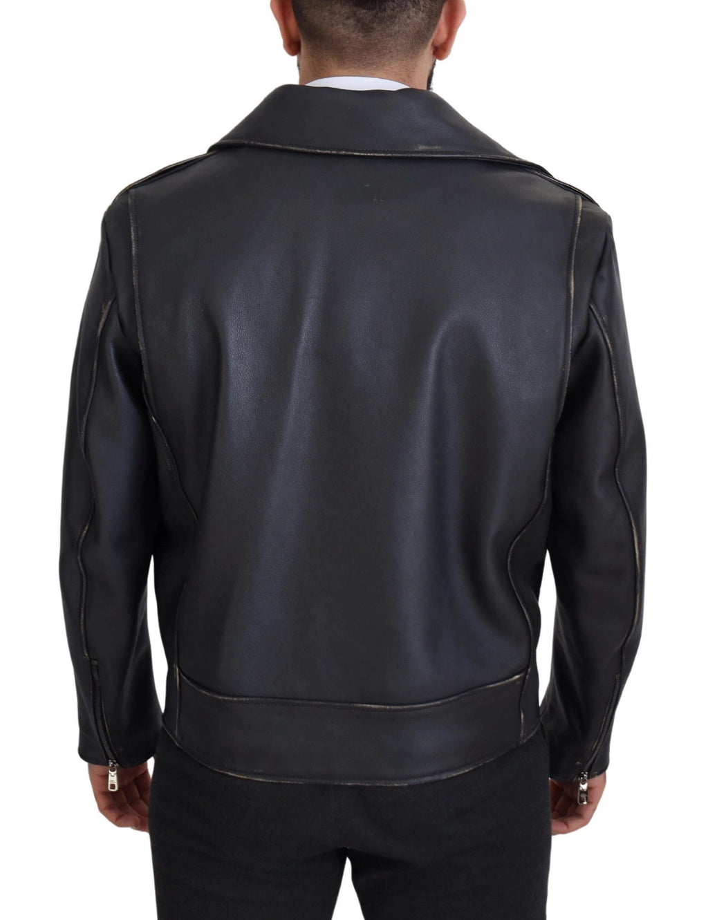 Dolce & Gabbana Black Leather Biker Coat Zipper Jacket by Dolce & Gabbana