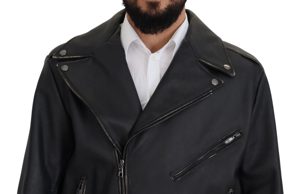 Dolce & Gabbana Black Leather Biker Coat Zipper Jacket by Dolce & Gabbana