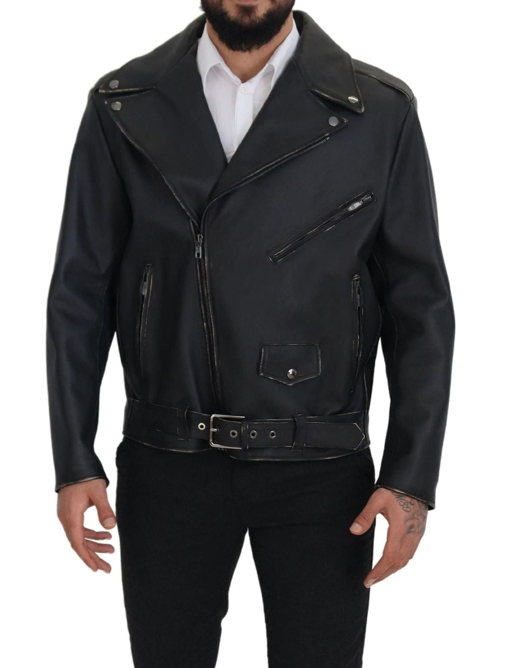 Dolce & Gabbana Black Leather Biker Coat Zipper Jacket by Dolce & Gabbana