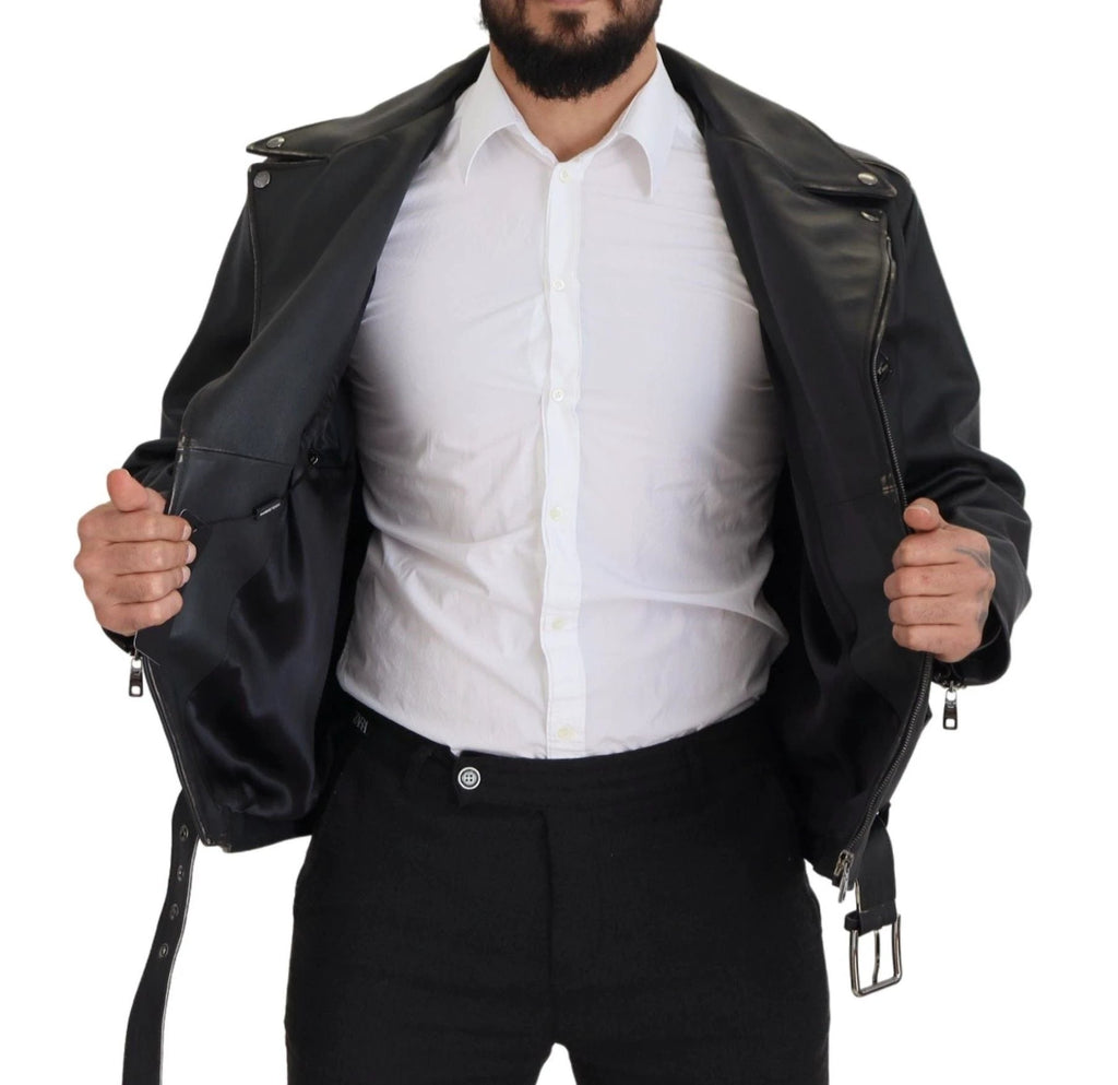 Dolce & Gabbana Black Leather Biker Coat Zipper Jacket by Dolce & Gabbana