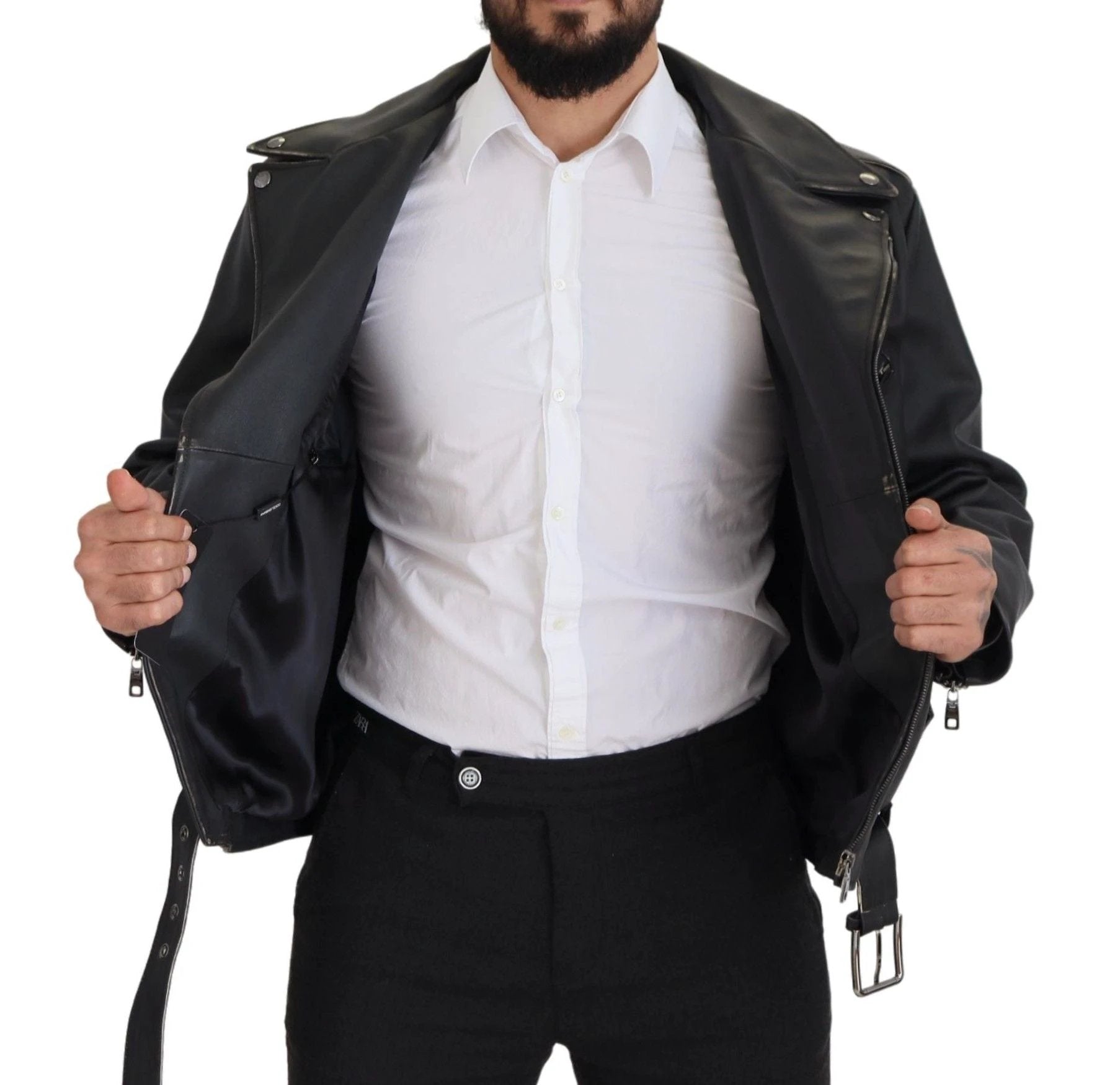 Dolce & Gabbana Black Leather Biker Coat Zipper Jacket by Dolce & Gabbana
