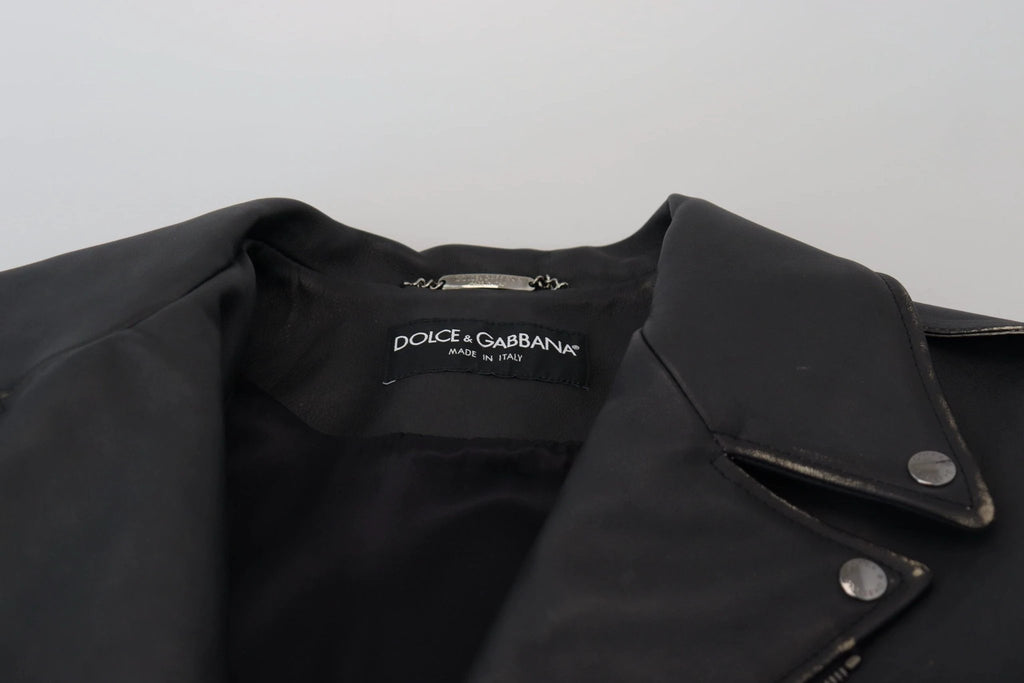 Dolce & Gabbana Black Leather Biker Coat Zipper Jacket by Dolce & Gabbana