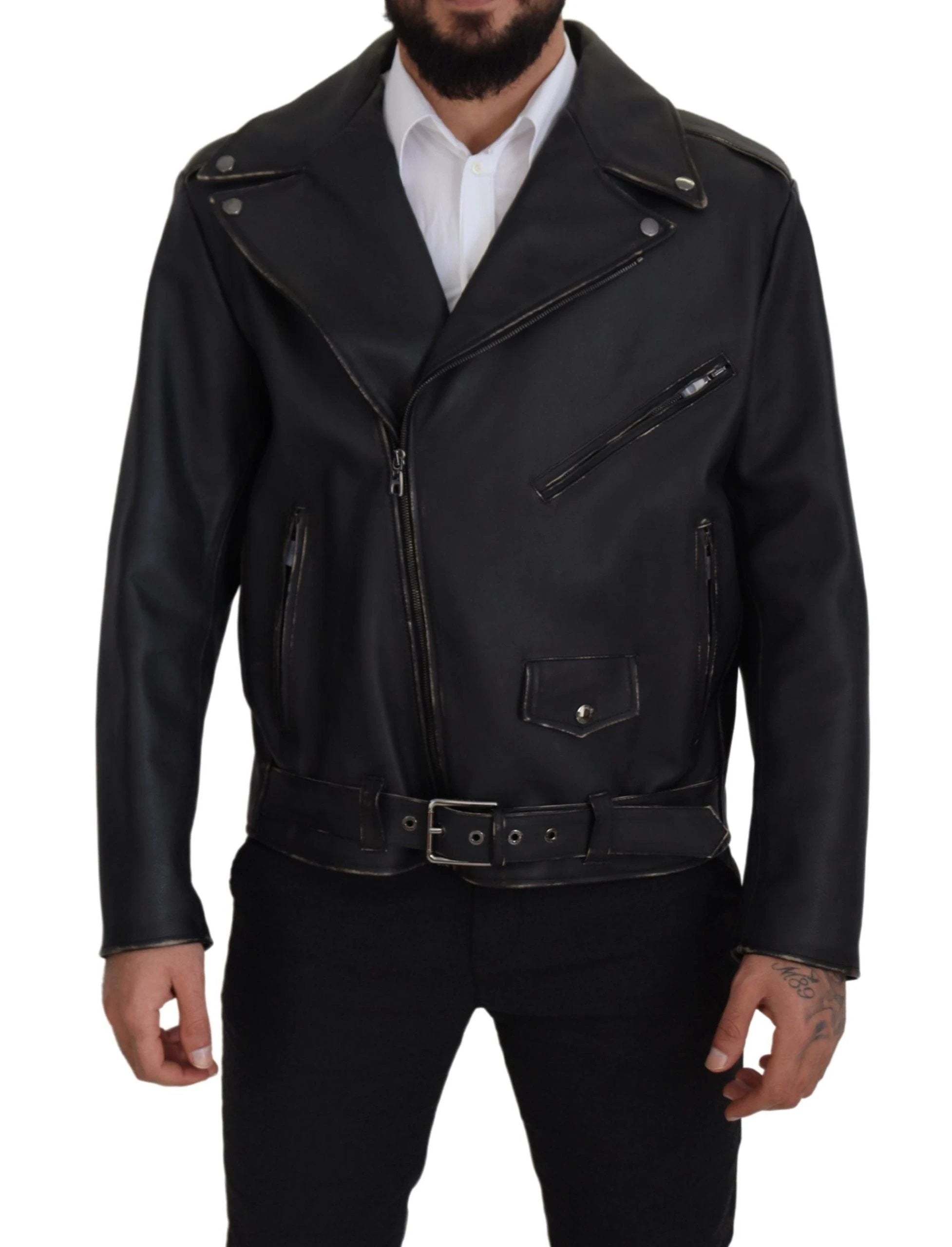 Dolce & Gabbana Black Leather Biker Coat Zipper Jacket by Dolce & Gabbana