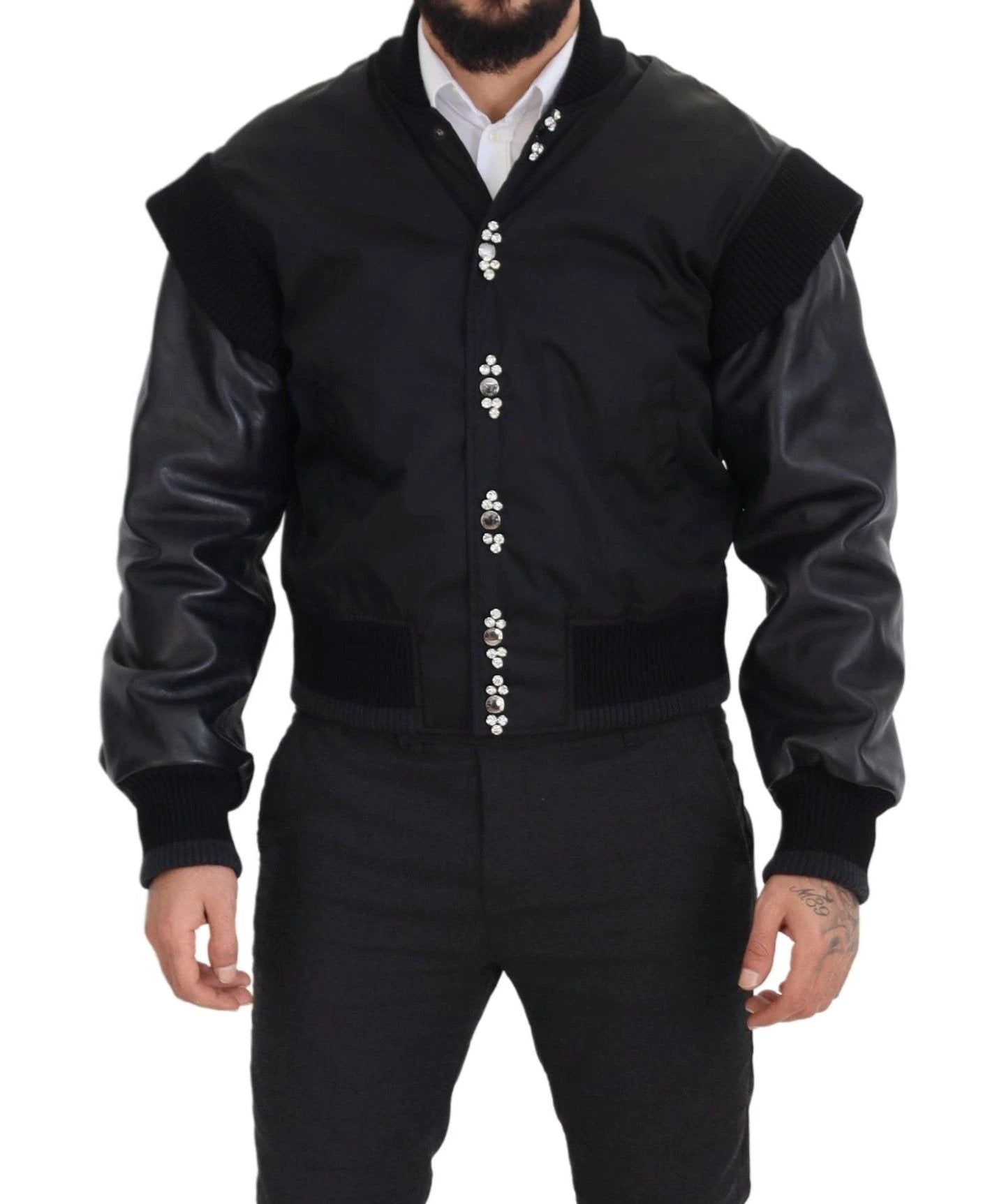 Dolce & Gabbana Black Nylon Crystals Coat Buttons Jacket by Dolce & Gabbana