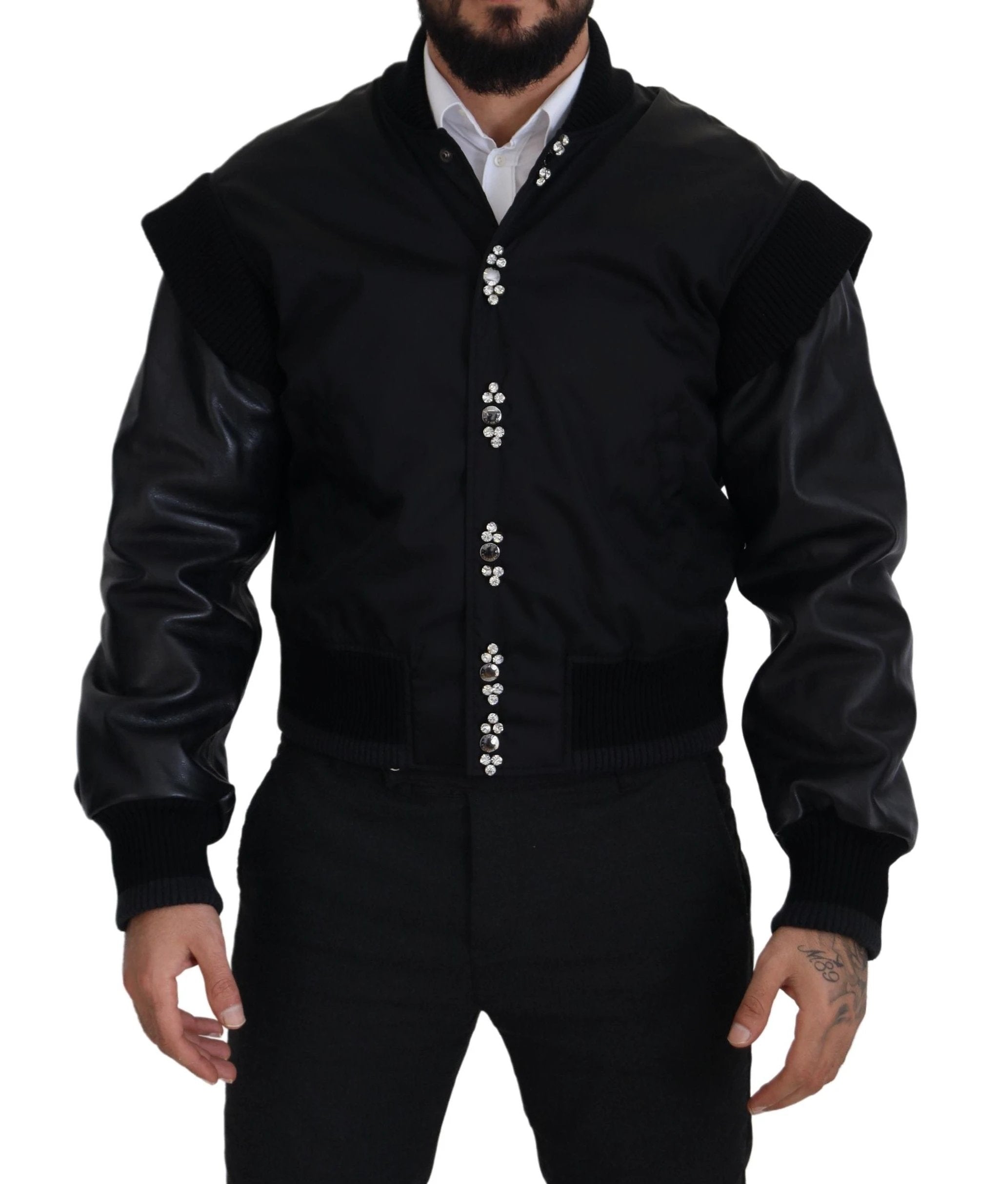 Dolce & Gabbana Black Nylon Crystals Coat Buttons Jacket by Dolce & Gabbana