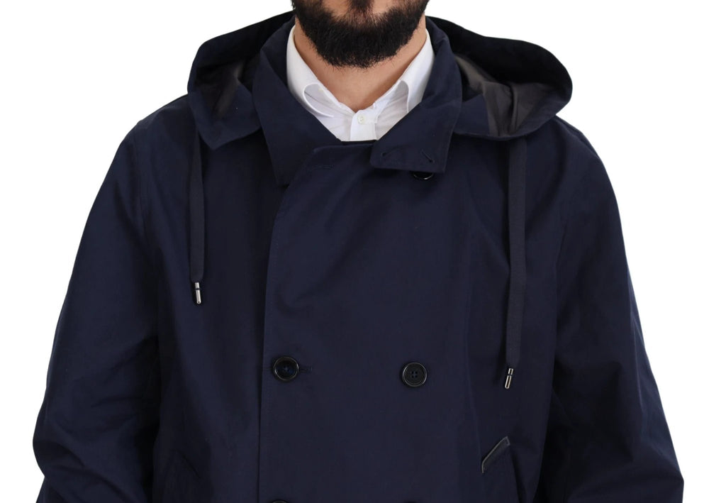 Dolce & Gabbana Blue Hooded Double Breasted Coat Jacket by Dolce & Gabbana