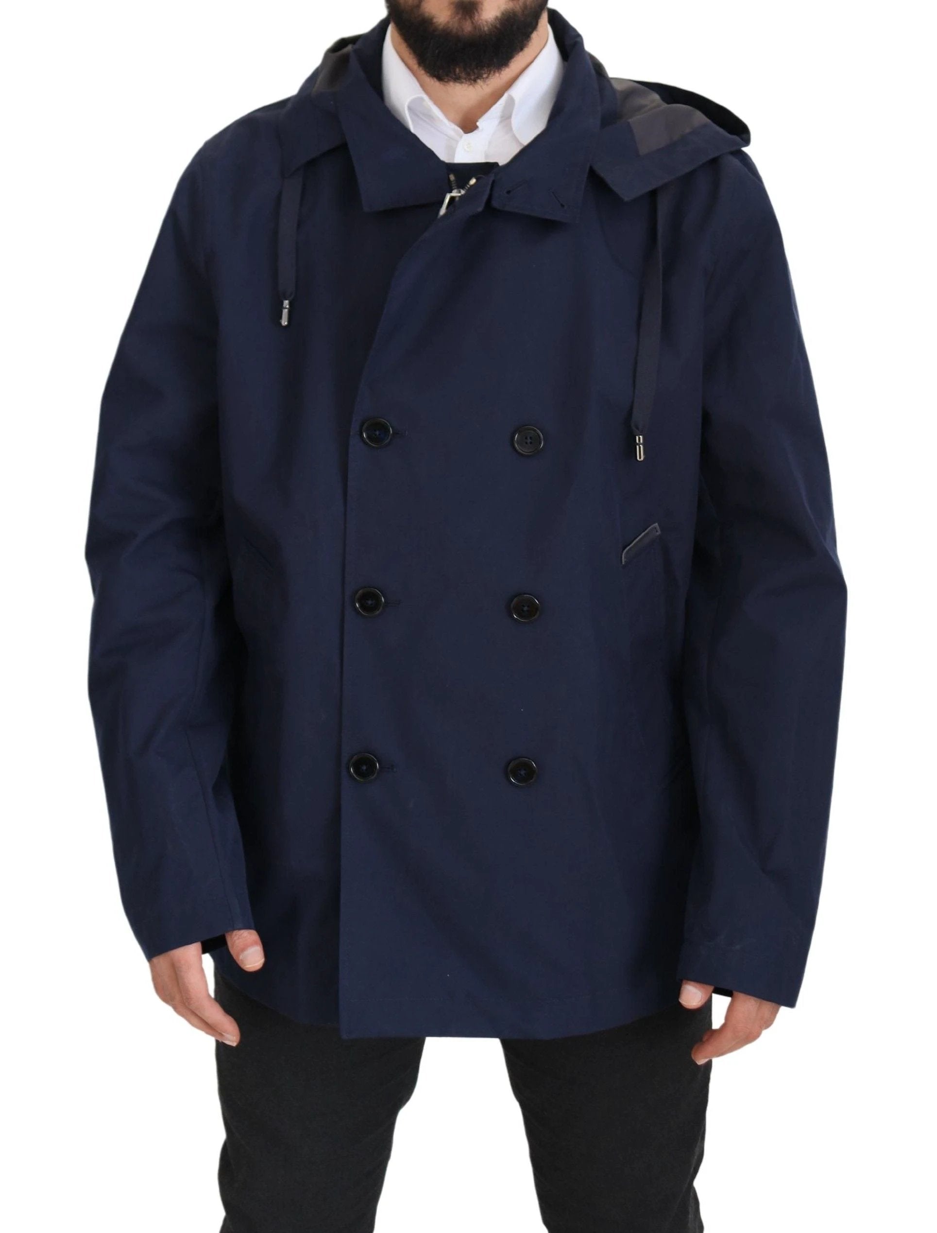 Dolce & Gabbana Blue Hooded Double Breasted Coat Jacket by Dolce & Gabbana